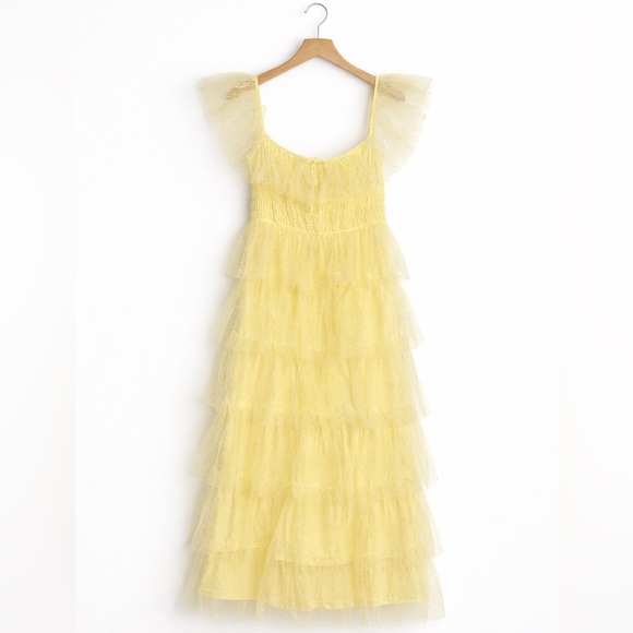 CONFETE Yellow Swiss Dot Tulle Tiered Midi Dress Cottagecore Prom Garden Party - Picture 4 of 10